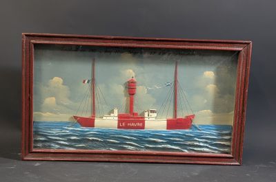 tableau représentant un bateau rouge et blanc sur l'eau, avec un phare en arrière-plan
