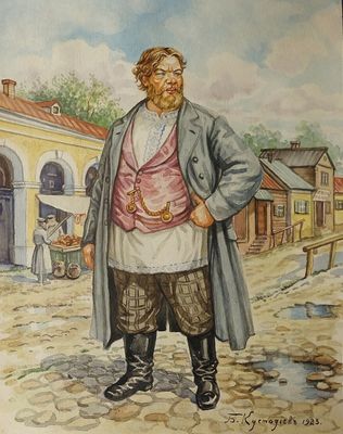 a painting of a man standing in front of a building