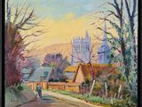 an oil painting of a person walking down a road with a church in the background