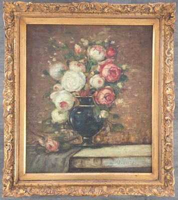 tableau représentant un vase de fleurs posé sur une table, à côté d'un livre