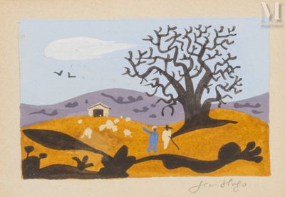 an image of a painting of a man and a dog in a field