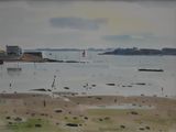 a painting of a sailboat in the water on the beach