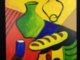 une peinture représentant du pain et un vase posés sur une table