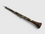 a close up of a clarinet on a white surface