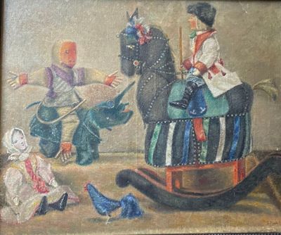 une photo d'un tableau représentant un homme à cheval et une femme à cheval