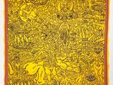 une image représentant un dessin jaune et rouge sur un mur blanc