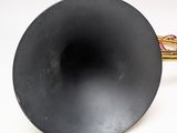 a black trumpet with a gold bell on a white background