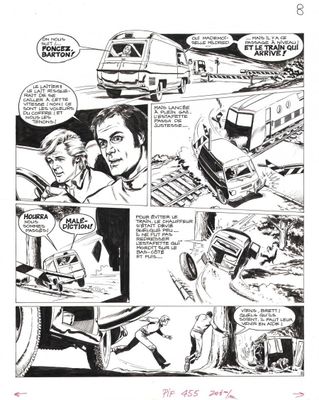 une bande dessinée en noir et blanc représentant un train et un homme