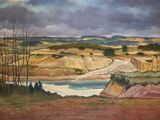 une peinture à l'huile représentant un paysage avec un plan d'eau au premier plan