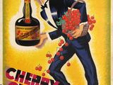 un tableau représentant un homme en costume tenant une bouteille et une grappe de cerises