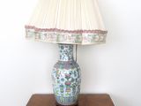 a table with a lamp on top of it and a lamp shade on top of it