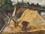 tableau représentant un homme travaillant sur un tas de sable au bord d'une rivière