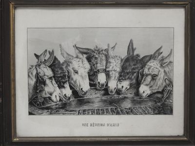dessin représentant un groupe d'ânes buvant de l'eau dans un abreuvoir