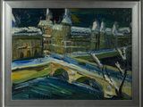 an oil painting of a bridge over a river with a castle in the background