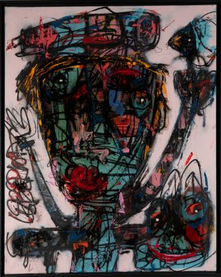 peinture abstraite représentant un homme tenant une batte de baseball dans la main droite