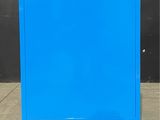 an image of a blue cabinet on wheels in a room