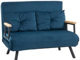 blue futon sofa bed with wooden armrests on a white background