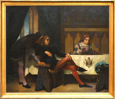 tableau représentant un homme et une femme assis à une table en compagnie d'un chien