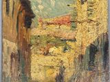 an oil painting of a street with buildings and a person walking down the street