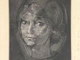 a black and white drawing of a woman ' s face