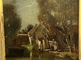 painting of a farm scene with ducks and ducks in a pond