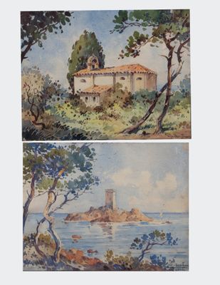 deux aquarelles représentant un château et un plan d'eau