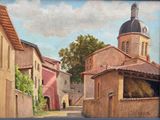 un tableau représentant une rue avec une église en arrière-plan