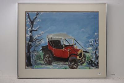 painting of a red car with a white top in a white frame