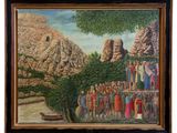 an oil painting of a group of people standing in front of a mountain