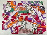 un dessin représentant un groupe de personnes jouant au tennis