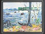 une peinture représentant un bateau sur l'eau, près du rivage