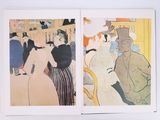 an open book with two paintings of people in a room