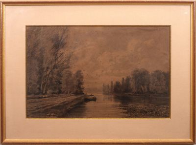 tableau représentant une scène fluviale avec un bateau sur l'eau