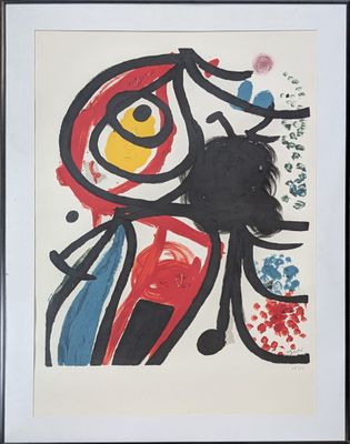 tirage encadré et sous passe-partout représentant une peinture abstraite d'un oiseau et de fleurs