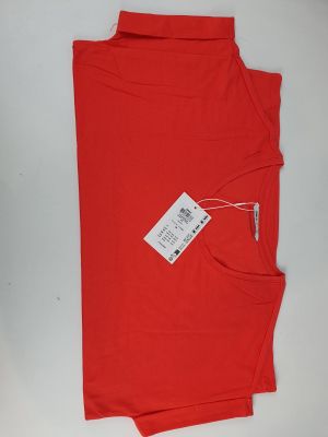 red t - shirt with a tag on the back of it