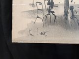 a drawing of a man sitting at a table under a tree