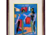 painting of two women in a blue room with red and yellow accents