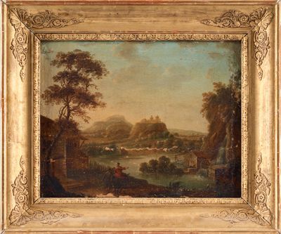 an oil painting of a landscape with a castle in the distance
