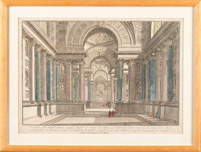 an image of a drawing of a room with columns and a clock