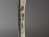 a silver spoon with a silver handle on a gray background