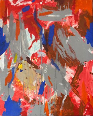 abstract painting of red, orange, blue, and white paint on a wooden panel