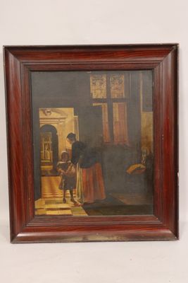 an old painting of a man in a room with a dog
