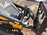 the back end of a yellow ski - dool with a black and white number on it