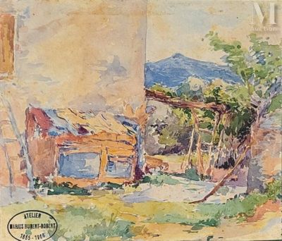 a watercolor painting of a house in the country