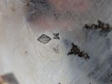 a close up of a silver plate with a bird on it