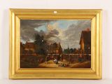 an image of a painting of a village scene with a horse drawn carriage
