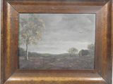 an oil painting of a landscape with a lone tree in the foreground