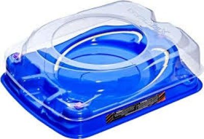 a blue plastic ashtray with a clear lid on a white background