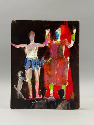 a painting of two people and a dog on a table