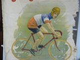 une affiche représentant un homme à vélo dans la rue